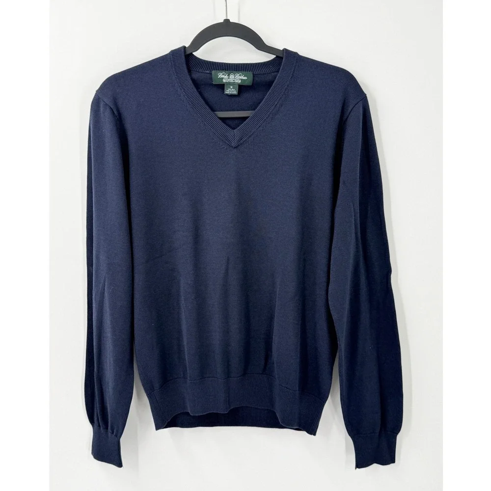 Brooks Brothers V-Neck Sweater Mens Medium Navy Blue Silk Cotton Preppy Office
